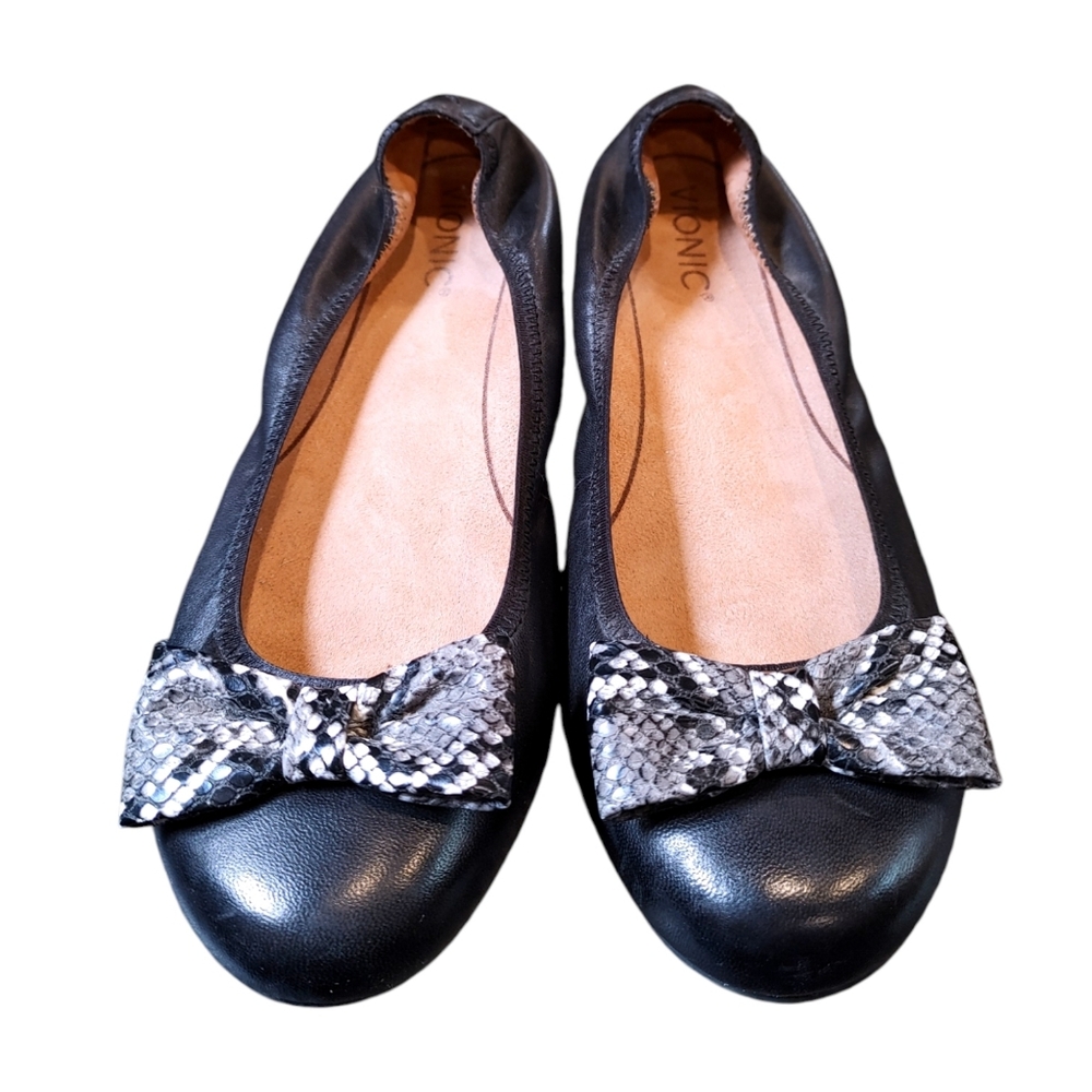Vionic Black Leather Snakeskin Bow Slip On Ballet Flats Womens Size 9 - Picture 3 of 8